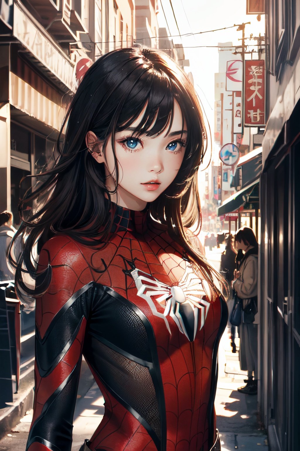 1girl, (masterpiece:1.2), highres, high quality, (perfect face and eyes:1.2), (textured skin:1.2), spider girl, sexy, city, spider-man