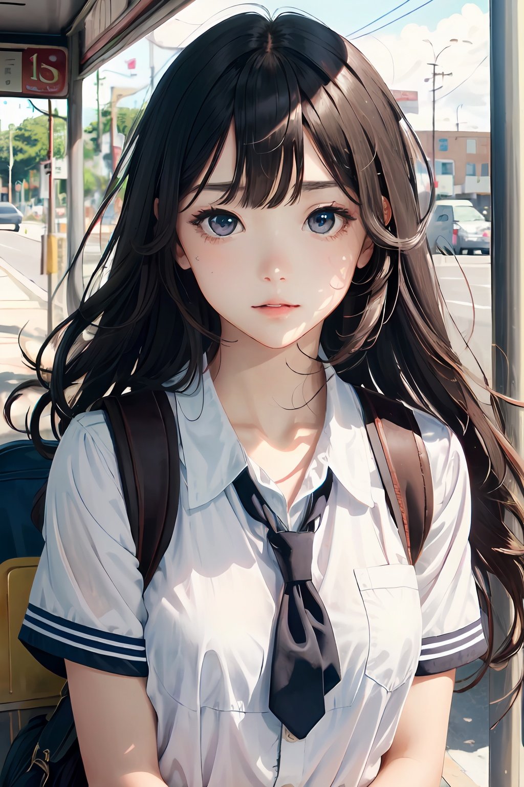 1girl, (masterpiece:1.2), highres, high quality, (perfect face and eyes:1.2), (textured skin:1.2), bus stop, wind, serafuku, school uniform, intense light rays, cute