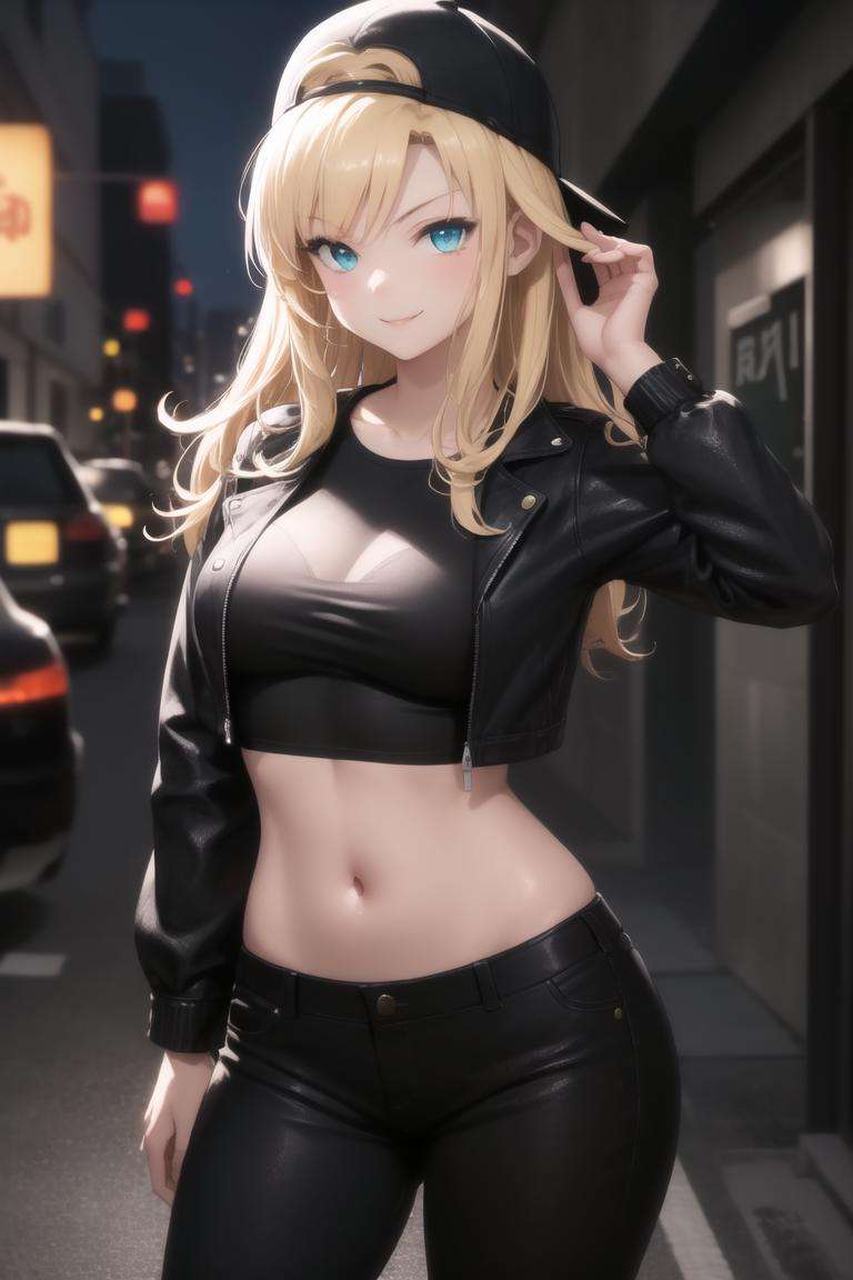 masterpiece, best quality, absurdres, perfect anatomy, 1girl, solo, backwards cap, baseball cap, Sena Kashiwazaki, long hair, stylish outfit, hip hop, shirt, jacket, pants, midriff, night, alley, neon lights, confident stance, smile