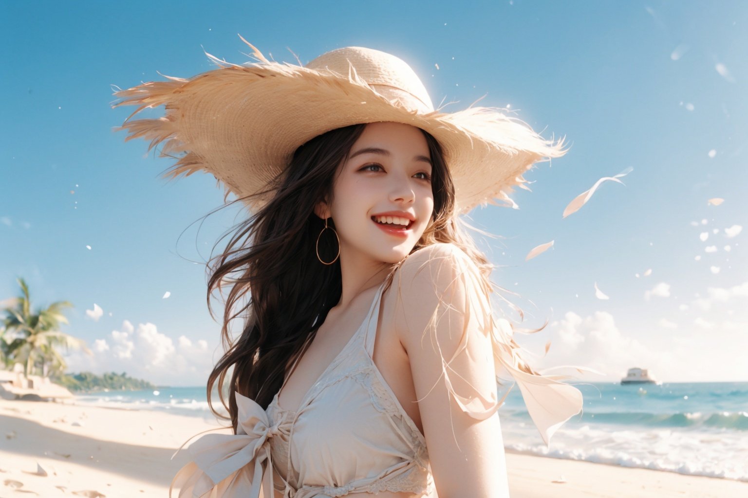 (Half length photo: 1.6), (face specific), (single person), ((single person)),Sun-kissed skin, beach hat, bikini, joyful laughter, sandy toes, carefree walks, ocean waves, seashell collection, sunbathing bliss, playful splashes, tropical cocktails, sunset kisses, blissful relaxation.,nijistyle