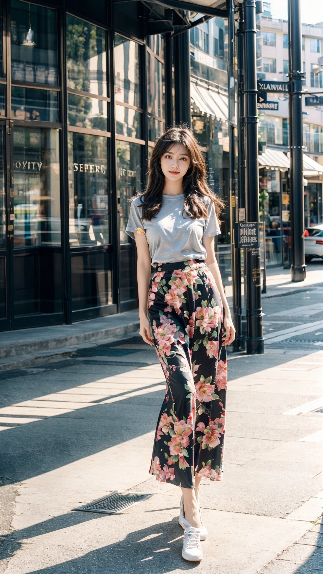 1 girl, floral print, t-shirt, long hair, captivating gaze, embellished clothing, natural light, shallow depth of field, romantic setting, dreamy pastel color palette, whimsical details, captured on film, (original photo , Best Quality), (Realistic, Photorealistic: 1.3), Clean, Masterpiece, Fine Detail, Masterpiece, Ultra Detailed, High Resolution, (Best Illustration), (Best Shadows), Delicate, Bright Light, ( field of view): 1.3), (long skirt: 1.5), (white shoes: 1.4), city, street, shopping mall, (light: 1.5), (field of view: 1.3), (standing: 1.5), (smile)