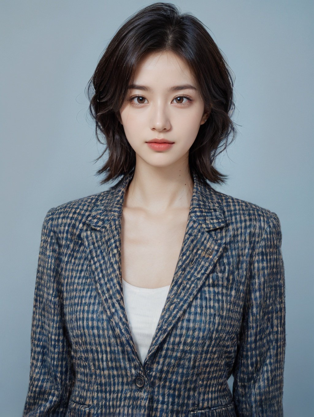 1girl, solo, (school suit:1.2), shirt,black-hair,pixie_hairstyle,light smile, looking at viewer, flat-chested, (natural skin texture, soft light, sharp), (skyblue background:1.5), High resolution, chocolae light, ((Hasselblad photography)), duobaca, (straight-on,1.2),cowboy shot, cinematic lighting, Sony FE, depth of field, Fujicolor, anatomically correct, textured skin, award winning, best quality, retina,duobaca,tutuzz,blue_IDphoto,business suit,large_breast