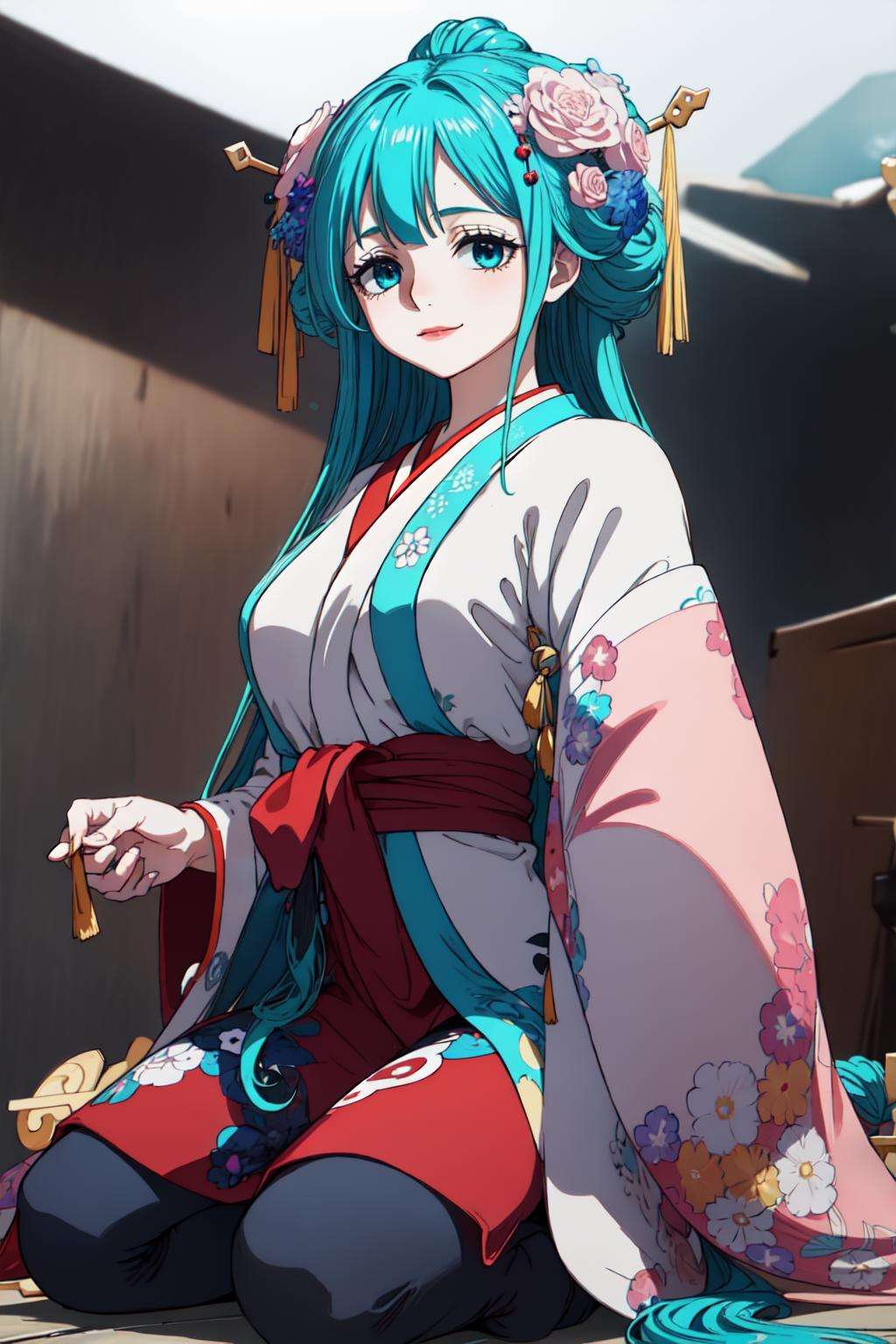 1girl|★\[1個女孩\], solo|★\[獨奏\], <lora:Kozuki Hiyori_V2-000005:0.9>, Kozuki Hiyori, aqua hair, aqua eyes, long hair, hair ornament, flower ornament, hair flower, bangs, hair stick, hair rings, cowboy shot|★\[牛仔射擊\], smile, clogs|★\[木屐\], looking at viewer|★\[正在看的觀眾\], kneeling|★\[跪著\], ,神社|(Shrine:1.3), (masterpiece:1.2), highres, best quality, 8k, very clear,