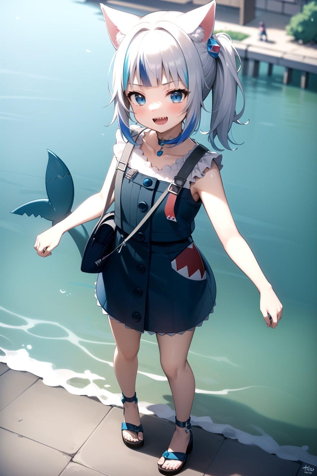 2d, masterpiece, best quality, anime, highly detailed, full body, 1girl, solo, gura_neko, blue dress, cat ears, side ponytail, cube hair ornament, sandals, :d, sharp teeth, shark tail, shoulder bag, standing, shore town