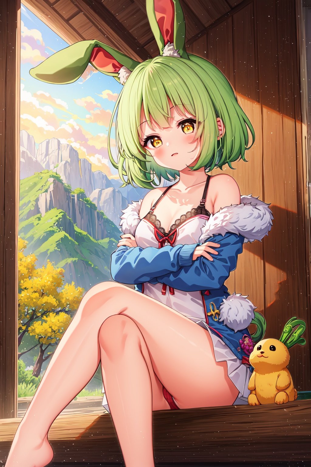 sfw, 1girl, small breasts, pointy breasts, large areolae, thin legs, rabbit ears, rabbit tail, rabbit girl, (medium spring green hair, big hair, crew cut:1.2), (light golden rod yellow eyes:1.2), lace trim cardigan, silver trim sukajan, fur trim, microskirt, red string panties, barefoot, crossed arms, mountain with a waterfall and sakura trees in bloom, evening lighting, peaceful and refreshing ambiance <lora:setmen:1>