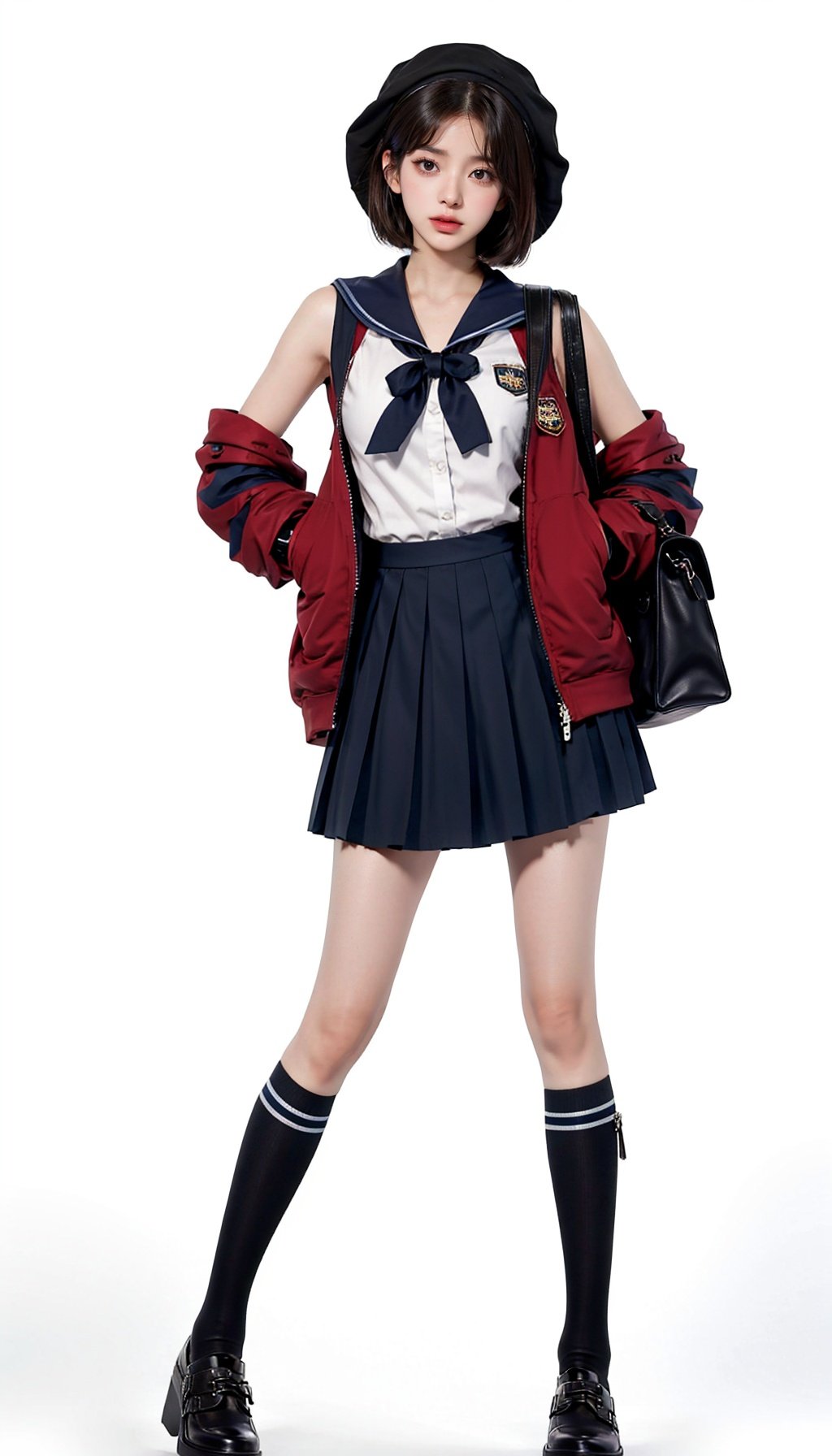 1girl, solo, focus on head,hat, brown hair, white background, skirt, simple background, full body, hand on hip, bracelet, jewelry, looking at viewer, brown eyes, gun, watch, short hair, thigh strap, sleeveless, holster, wristwatch, handgun, shoes, sailor collar, school uniform, black footwear, lips, blue headwear, standing, serafuku, pleated skirt,(pureerosface_v1:0.5),( ulzzang-6500:0.6), <lora:keairichang-000012:0.8>