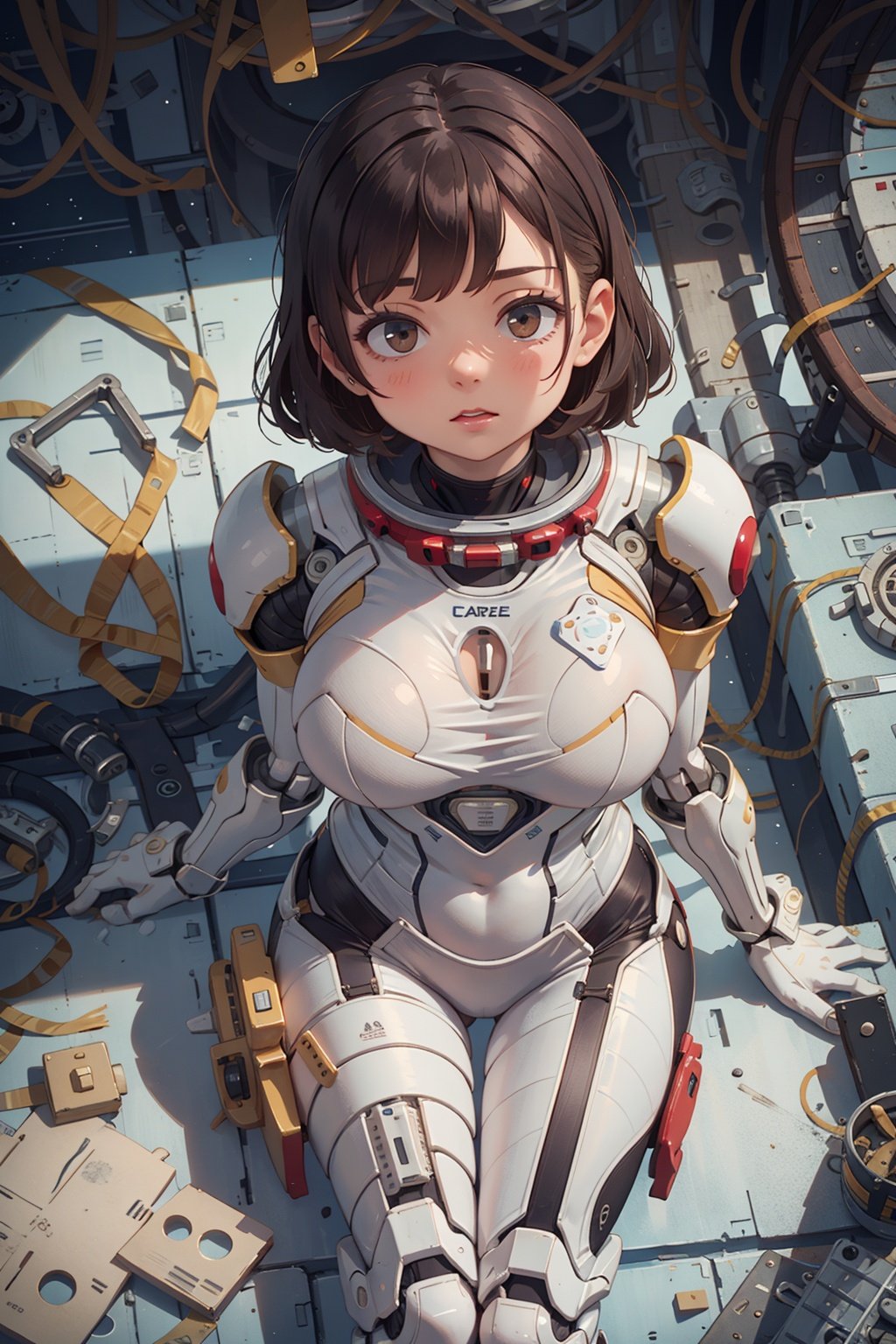 Masterpiece, top quality, 1girl, translucent skin, red, tights, mechanical, cowboy shooter, space, sitting, seen from above, big tits, bones, (space suit: 1.5) white, mechanical exoskeleton,children