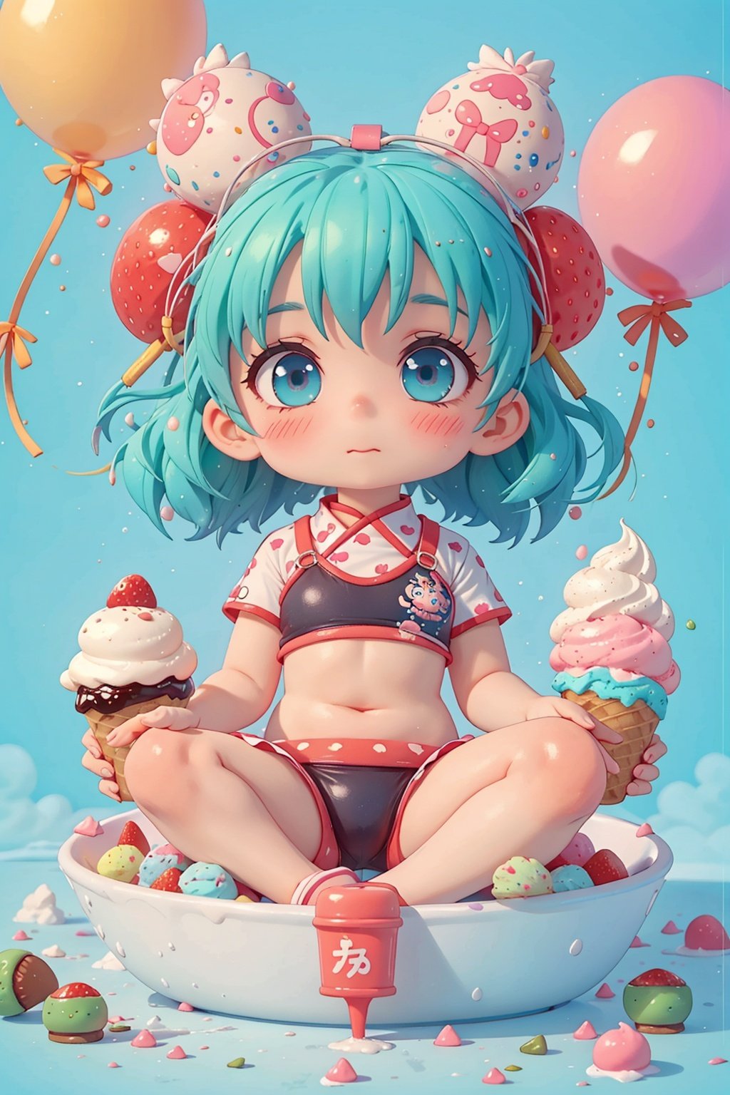 masterpiece,a tiny blue haired girl child sits cross-legged in the middle of an impossibly large ice cream sundae bowl,multi-colored scoops of ice cream piled high around her, swirls of vivid pistachio, strawberry and mint chip sauce drizzle down the sides,cool swimwear,  a menagerie of ice cream balloons in rainbow hues float around her, caught mid burst, the little girl gazes into the distance with dreamy expression, captivated by her sugary wonderland, captured with wide angle telephoto lens to show huge scale of ice cream bowl relative to tiny subject, washed in warm pastel colors that glow against the rich cobalt of her hair,1girl,chinese clothes,Dragon ear,deer ear,full body,QRobot,chibi,nijistyle,cute_swimsuit,diives,nop,pixar,children