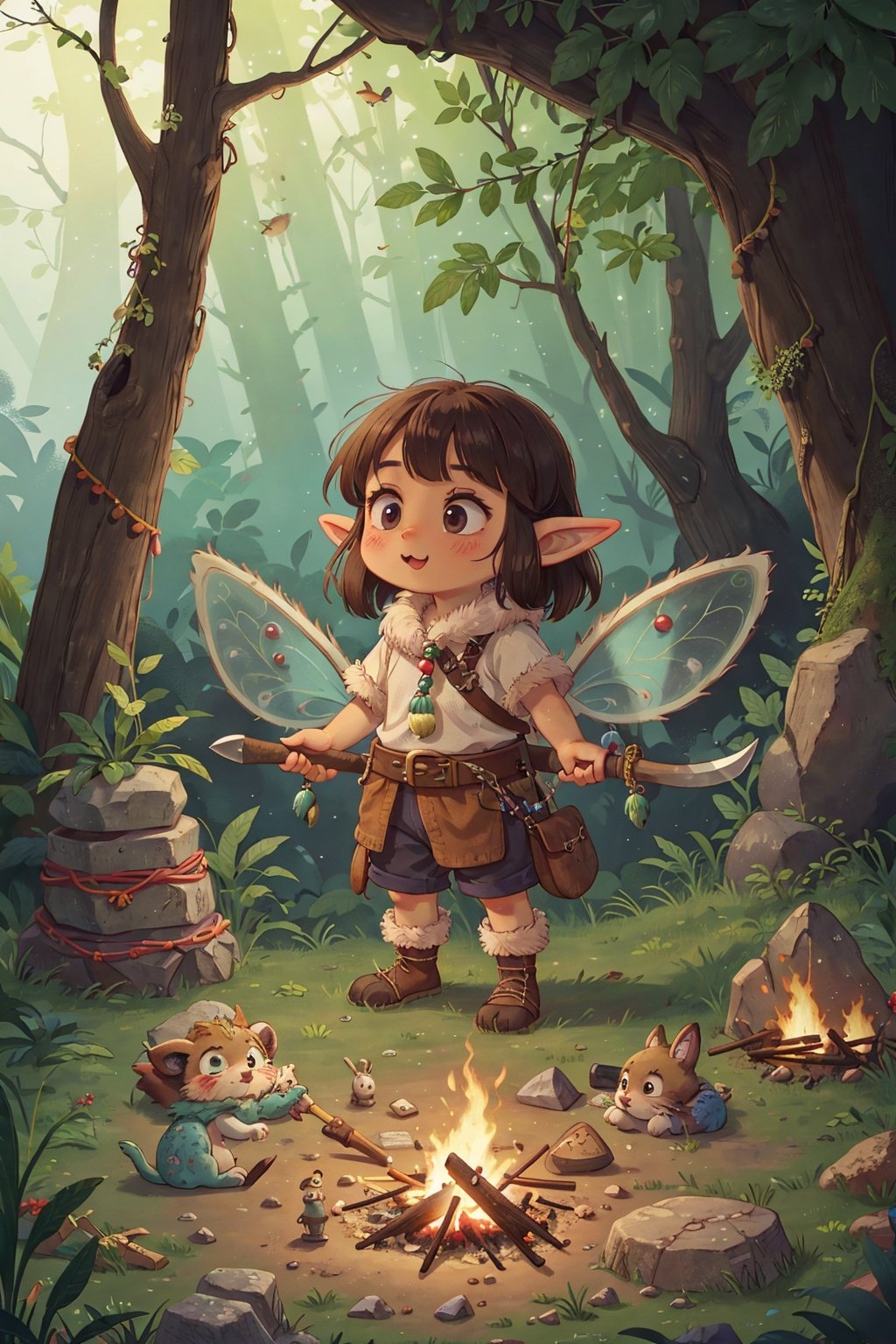 Elves, transparent wings, tinder, stone axe, stone knife, agate beads, animal skins, hunting, gathering, bonfire, cave, fur tent, primitive hunter, fairy tale, fun, cute animals, cute pets, childlike innocence, handmade, handicraft, minimalism, primitive life, ancient culture, stone age, ancient times, dinosaur friends