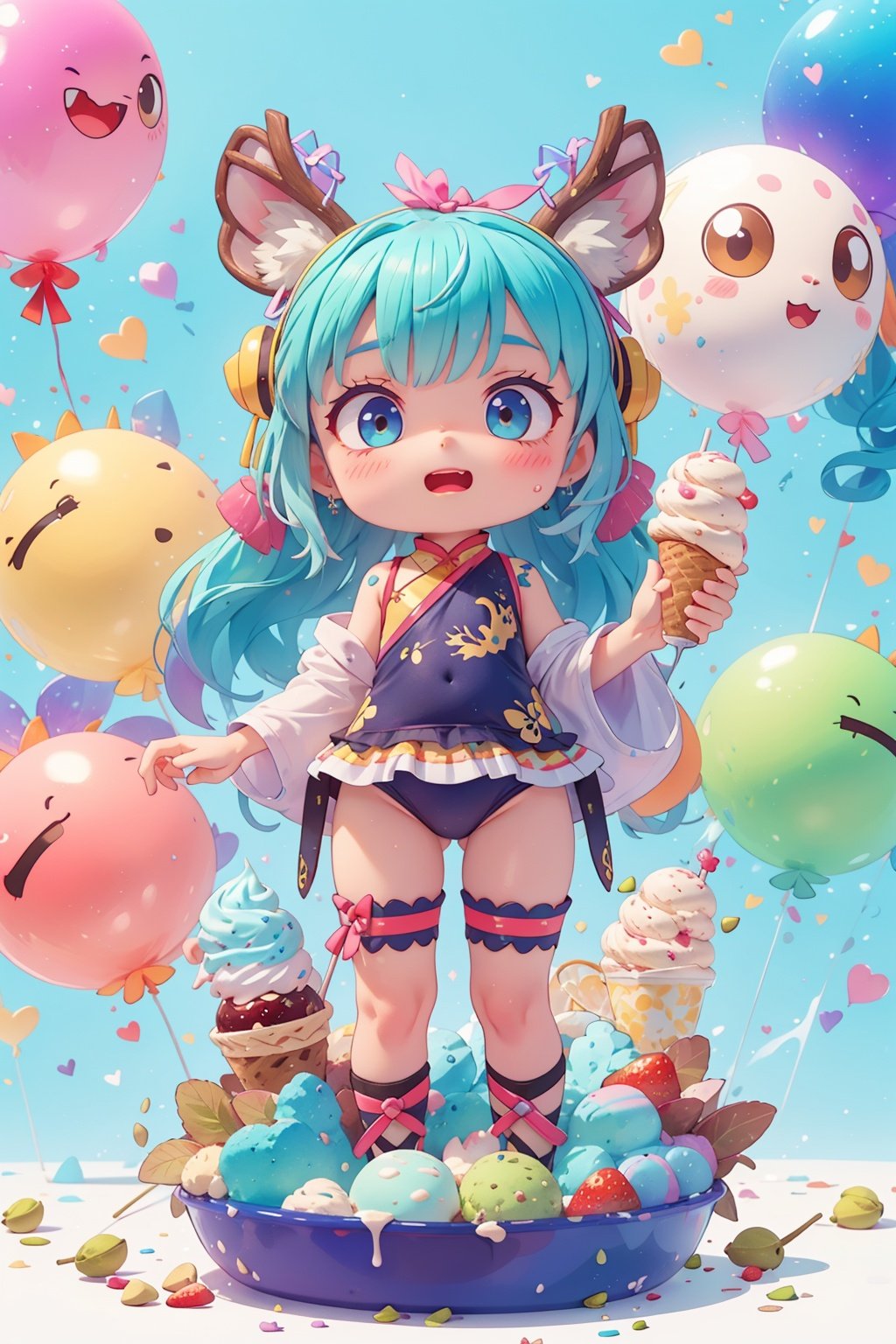 masterpiece, ice cream sundae bowl, blue haired girl child, multi-colored scoops of ice cream, pistachio, strawberry, mint chip sauce, cool swimwear, ice cream balloons, rainbow hues, burst, dreamy expression, sugary wonderland, wide angle telephoto lens, huge scale, pastel colors, cobalt hair, 1 girl, Chinese clothes, Dragon ear, deer ear, full body, QRobot, chibi, nijistyle, cute swimsuit, Diives, nop, Pixar, children.