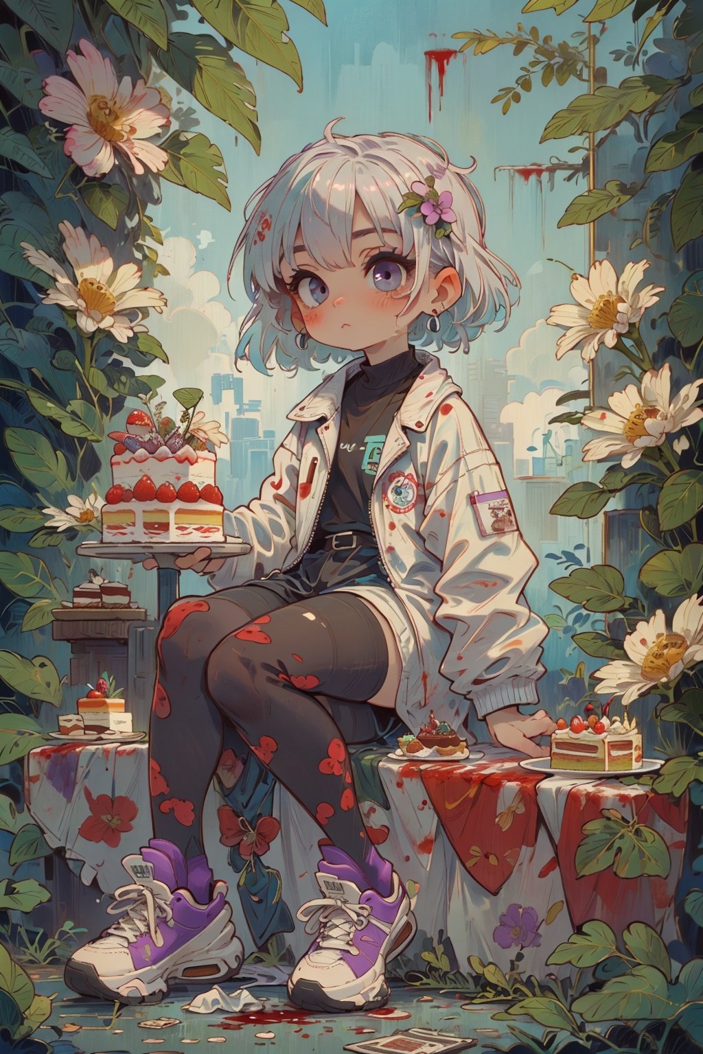 Masterpiece, best_quality, concept_art, 1 girl, solo, cool, summer, ice cream white_hair, long_jacket, summer hot, have your sweetest purple_eyes, purple_liquid, wand, partly_bangs, hair_between_eyes, sneakers, black_legwear, ((cute, cake, summer hot, flouting_eyeballs, blood)), 32k, kids, high definition, real, have your sweetest new_blue_b