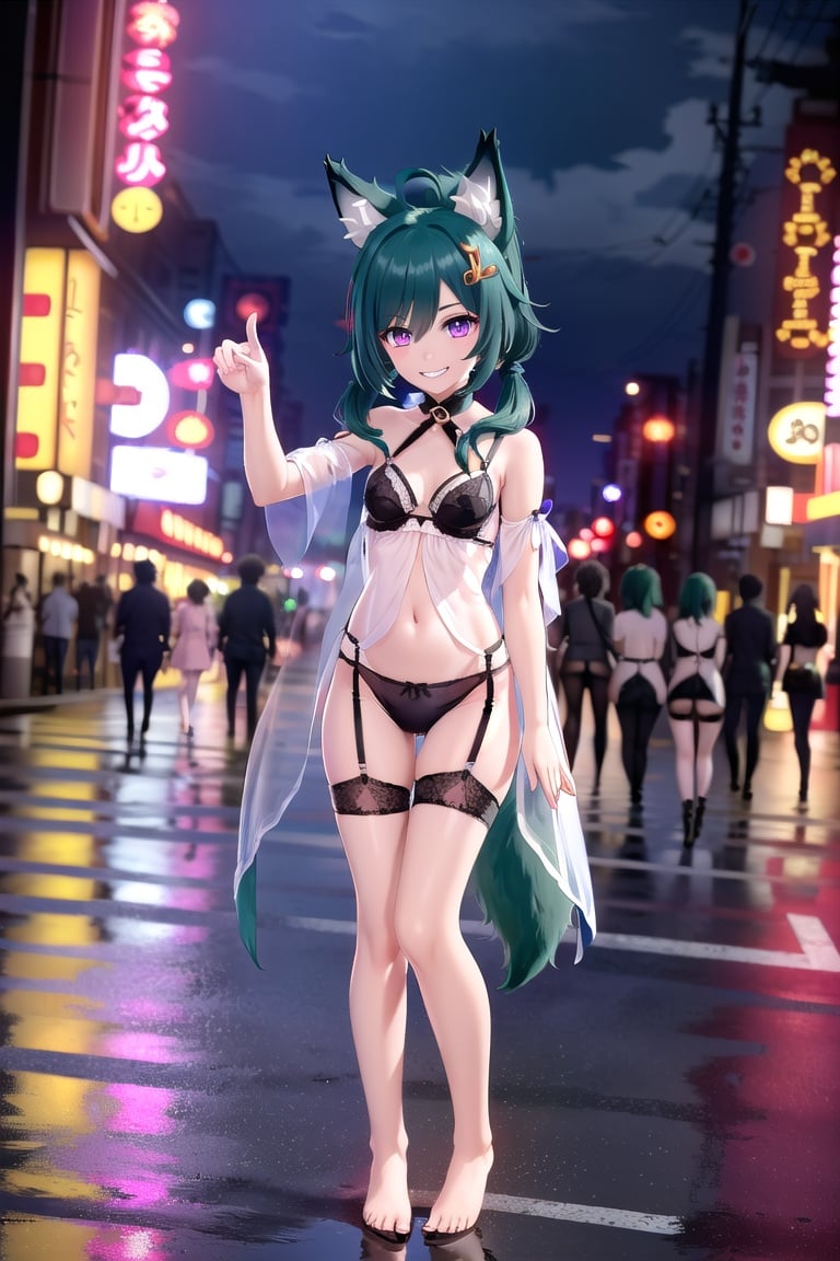 (8k, best quality, masterpiece), (ultra-detailed:1.1), (high detailed skin),<lora:Yukong_v4_con:0.8:char>, (yukong:1.1), fox ears, fox tail, green hair, (hair ornament:1.1), high heels, bare shoulders, detailed eyes, purple eyes, (glowing eyes:1.1), (fashion make up),(loli:1.3), ((multiple girls), 6girls), (Prostitutes, solicitors, red light districts, neon signs, billboards, brothels,R-18 TAG,cutout lace pajamas,sexy lingerie,lace garter belt),thighhighs, blue hair, smile, ahoge, long hair, black hair, green eyes, brown eyes, ponytail, outdoors, looking at viewer, low twintails, hair ornament, neck ribbon, (bedroom ,French windows, neon lights, Tokyo, love hotel, pink lights, dark, night, ),no shoes, ribbon, brown hair, bangs, black eyes, full body, (9yo:1.7), ( 6 years old,female child,little girl,toddler),(evil grin,smug,evil smile:1.3), (mesugaki:1.3),pointing, (sneering contemptuously), (various gestures),various clothe, ,(variety of clothes, panties,see-through, ), 🤏,☝,🦵,ray tracing,tyndall effect,depth of field,blurry background,blurry foreground,light particles,reflection light,rim light,bloom effect,petite,surround the observer, fisheye lens,