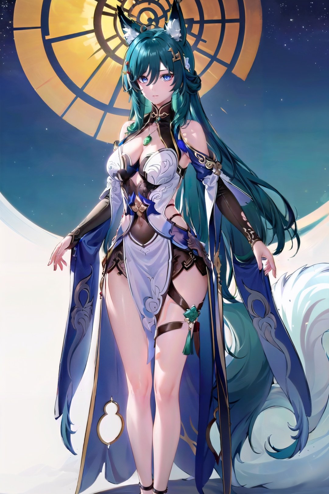 (8k, best quality, masterpiece), ultra-detailed, (high detailed skin),flower field, starry sky,(jade pendant, leg hangings:1.2),<lora:Yukong_v4_con:0.75:char>, yukong, solo focus, fox ears, green hair, dress, (jade pendant, leg hangings:1.2), detached sleeves, long hair, white background, full body, bangs, hair ornament, high heels, bare shoulders, blue eyes, breasts, standing, 1girl, solo, detailed eyes,(beautiful_face), ((intricate_detail)), (revealing clothes:1.2),((finely_detailed)), fine_fabric_emphasis,((glossy)),