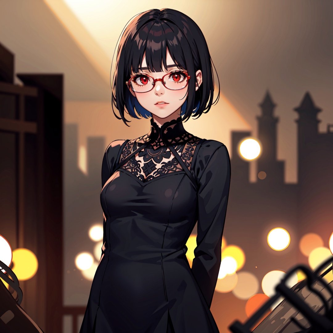 1girl, cowboy shot, bobcut, red eyes, glasses, black hair, arms behind back, (depth of field, ambient lighting, blurry foreground, blurry background:1.3), atmospheric, light flares, intricate details, enhanced lighting