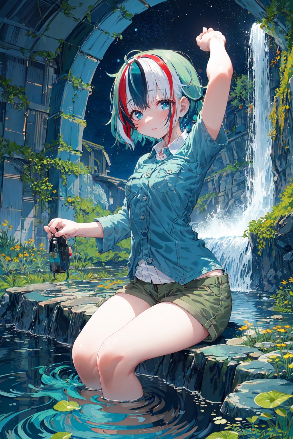 (sfw:1.2), medium breasts, sagging breasts,   (very short hair, pixie cut, (streaked hair:1.2), (blue hair, green hair, aqua hair):1.2), (khaki eyes:1.2), dark cyan collared shirt, micro shorts, stretching, waterfall, night, moonlight, tranquil, calm, dimly lit, starlit, cascade, rocky, dreamlike, water mist, silhouette <lyco:ijigendd_2:1.0>