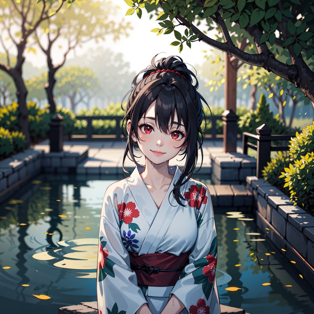 1girl, standing, full bodt, pond scenery, light beam, particles, (blurry background:1.3), dramatic lighting, wet, dappled sunlight, smile, head tilt, colorful eyes, red eyes, from above, yukata, black hair, ponytail