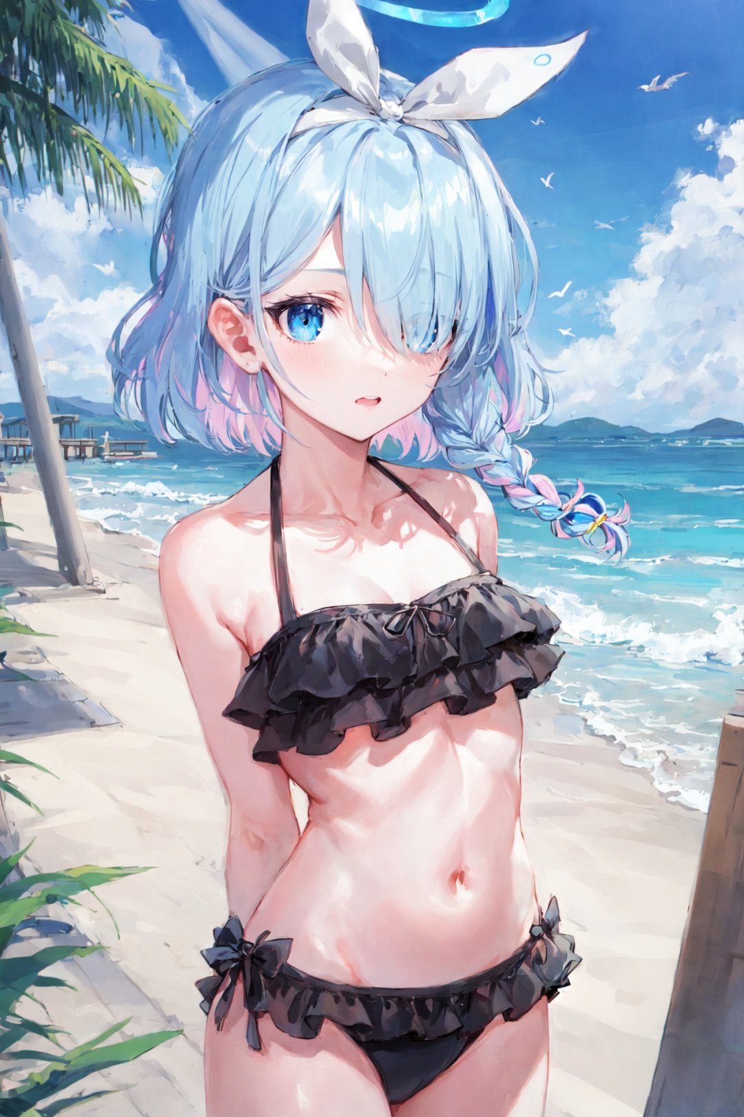 sfw, 1girl, Arona, blue halo, blue eyes, blue hair, short hair, single braid, hair over one eye, flat chest, white hair bow, white hairband, black bikini, arms behind back, Beach, pier, seagulls, morning, cloudy, dynamic, scenic<lyco:arona_plana:1.0>