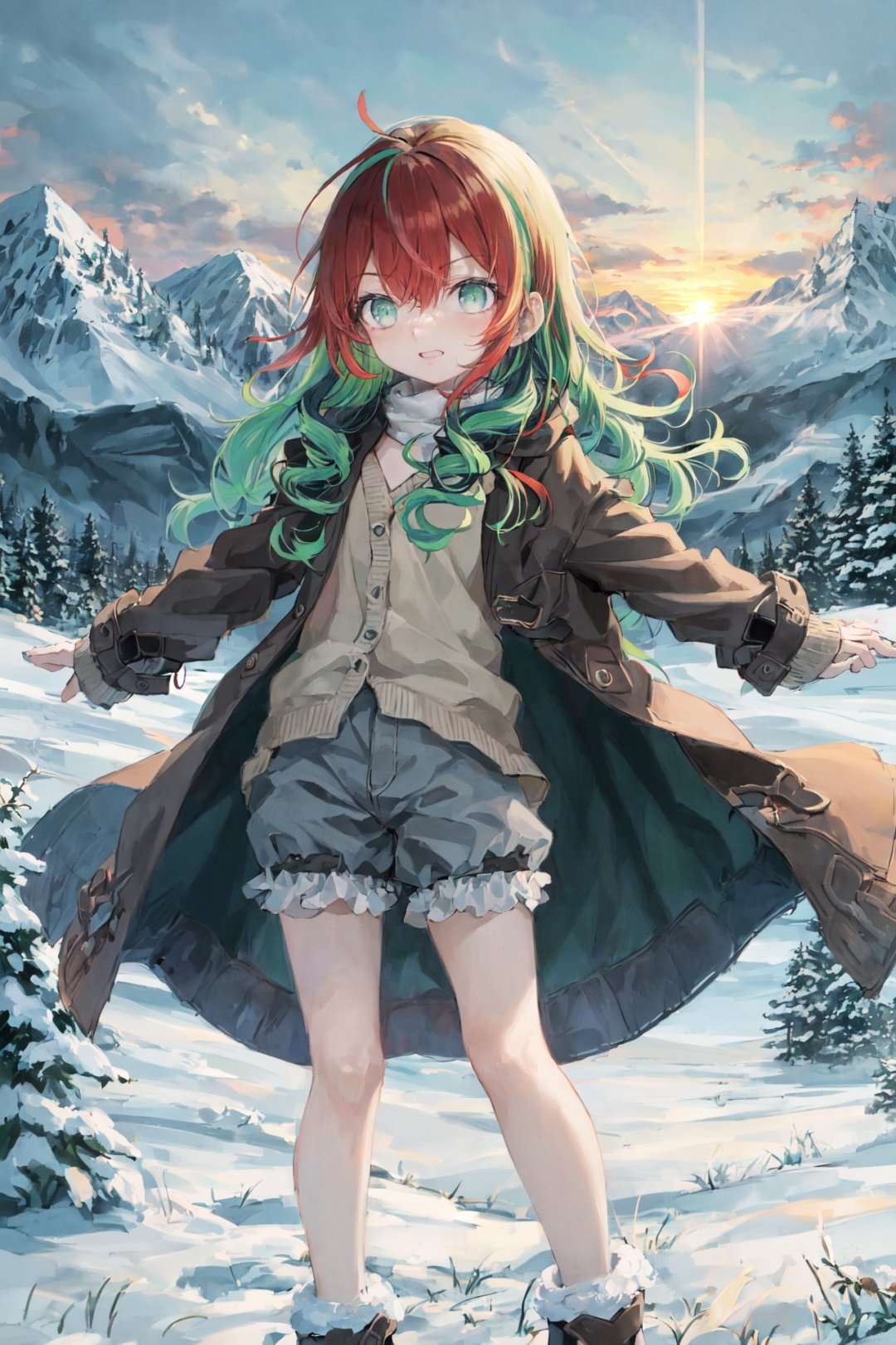 (sfw:1.3), 1girl, flat chest, legs,  (ringlets, (multicolored hair:1.2), (dark green, red hair, green hair):1.2), (lightslate gray eyes:1.2), cardigan, long coat, dark late gray bloomers, spread arms, tundra, snow, mountains, sunrise, snowstorm, barren, unforgiving<lyco:utatanelolicoco:1.0>