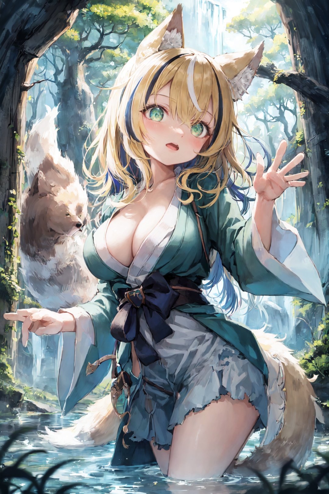 (sfw:1.3), 1girl, large breasts, breasts apart, large areolae,  wolf ears, wolf tail, wolf girl, (chonmage, curly hair, long bangs, (streaked hair:1.2), (blonde hair, dark blue hair):1.2), (green eyes:1.2), blouse, raincoat, torn clothes, dark salmon buruma, waving, majestic trees, lush vegetation, moss-covered rocks, sparkling streams, enchanting atmosphere, shimmering glades, mythical creatures, whispers of magic<lyco:utatanelolicoco:1.0>