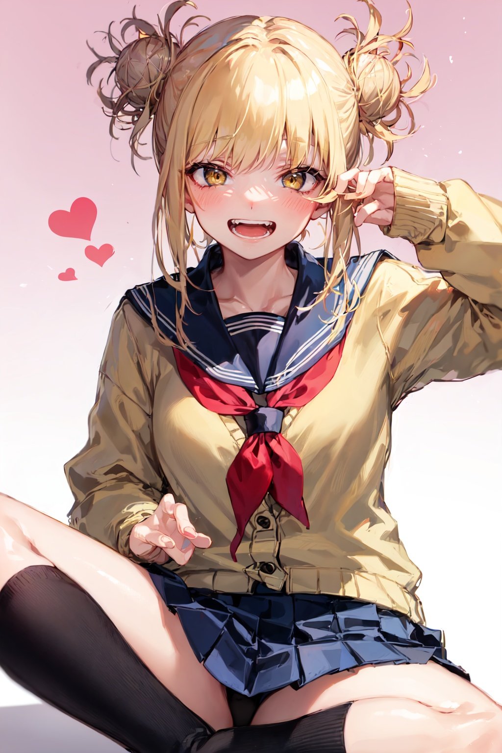 TogaHimiko, 1girl, solo, skirt, school uniform, open mouth, smile, socks, black socks, pleated skirt, heart, fangs, serafuku, red neckerchief, looking at viewer, cardigan, blush, kneehighs, neckerchief, simple background, sailor collar, :d, long sleeves, teeth, pink background, sitting, bags under eyes, blue skirt, yellow cardigan, miniskirt <lyco:himiko-toga-locon:1>, 