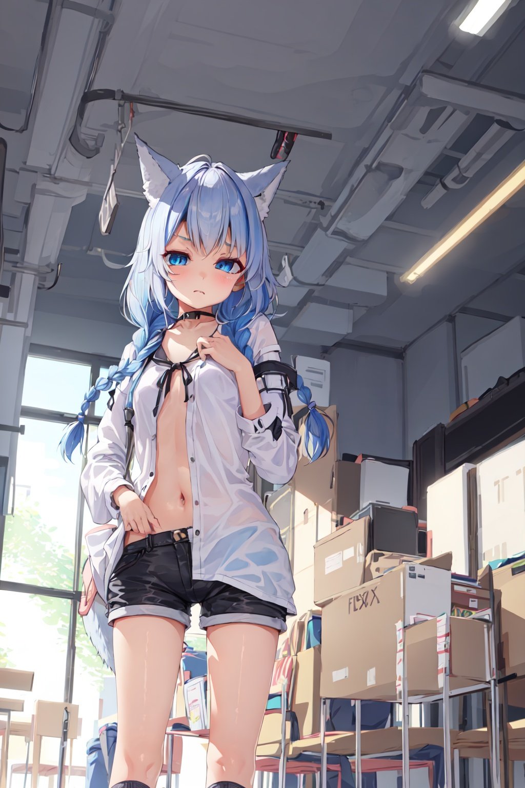 1girl, fox ears, fox tail, fox girl, blue hair, twin braids, blue eyes, contempt, small breasts, standing, blouse, lowleg shorts, socks, indoors, cafeteria <lora:tenroy:1>, 