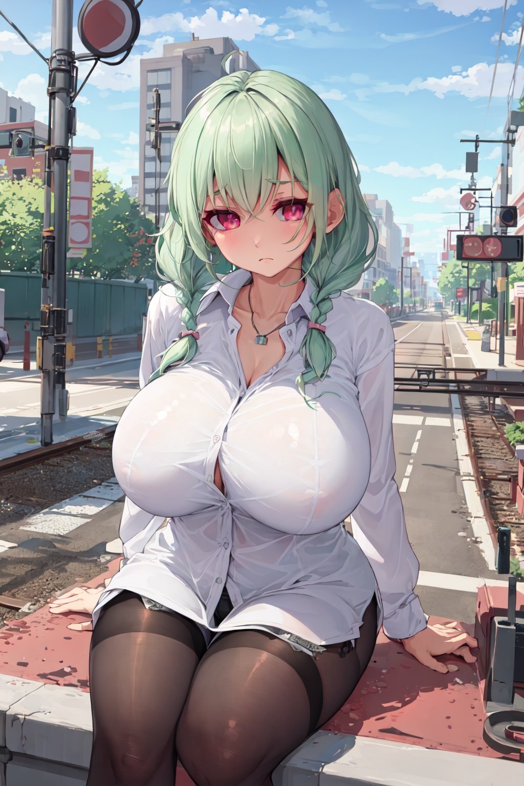 1girl, , light green hair, twin braids, pink eyes, pained, gigantic breasts, sitting, silver trim dress shirt, pants, thighband pantyhose, outdoors, railroad crossing <lora:tenroy:1>, 