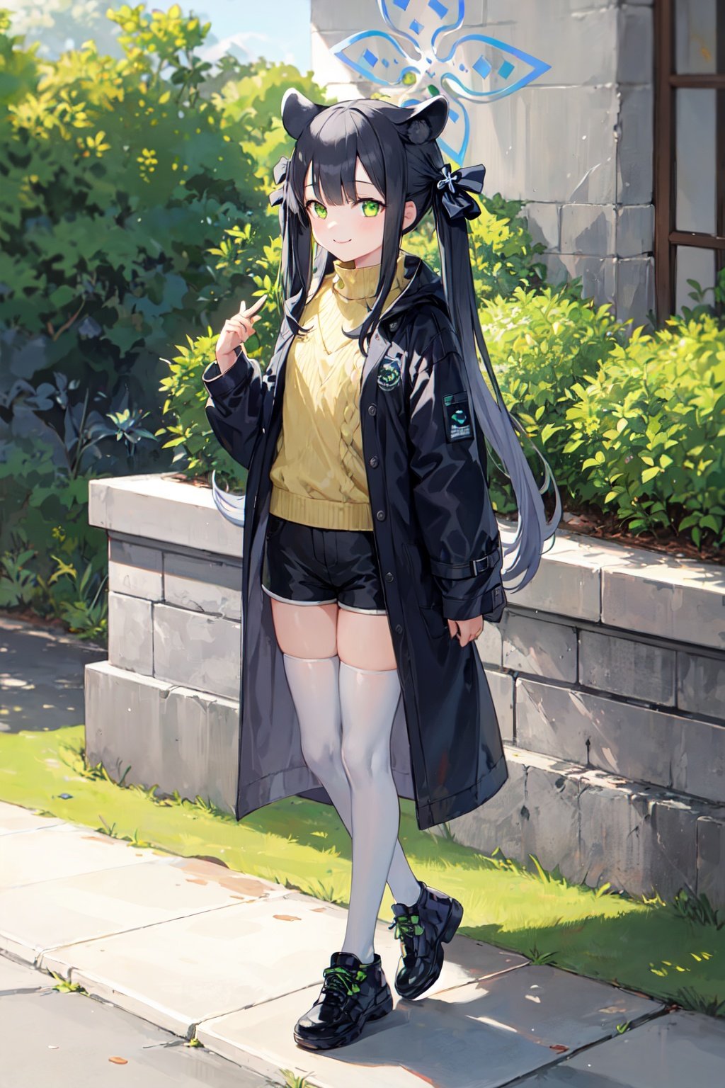 shun \(small\) \(blue archive\), halo, 1girl, flat chest, petite, green eyes, black hair, long hair, bangs, twintails, tiger ears, (hair ribbon:1.2), sweater, raincoat, lowleg shorts, white thighhighs, black footwear, standing, smile, outdoors, stream <lora:shun:1>, 