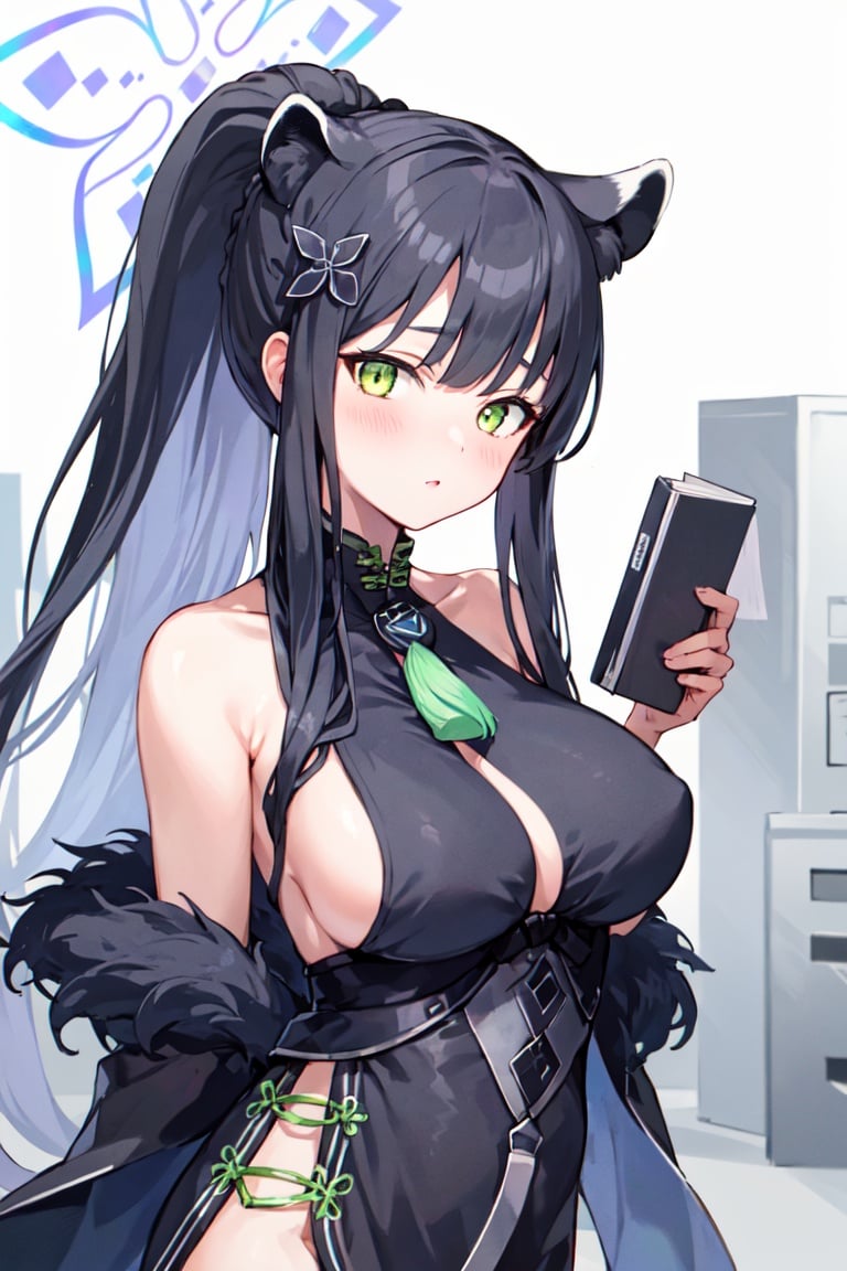 (shun \(blue archive\):1.2), 1girl, solo, black hair, long hair, looking at viewer, large breasts, halter dress, (chinese clothes:1.0), ponytail, bangs, blush, (halo:1.0), animal ear fluff, upper body, tiger ears, tiger girl, building, refinery <lora:shun:1>, 