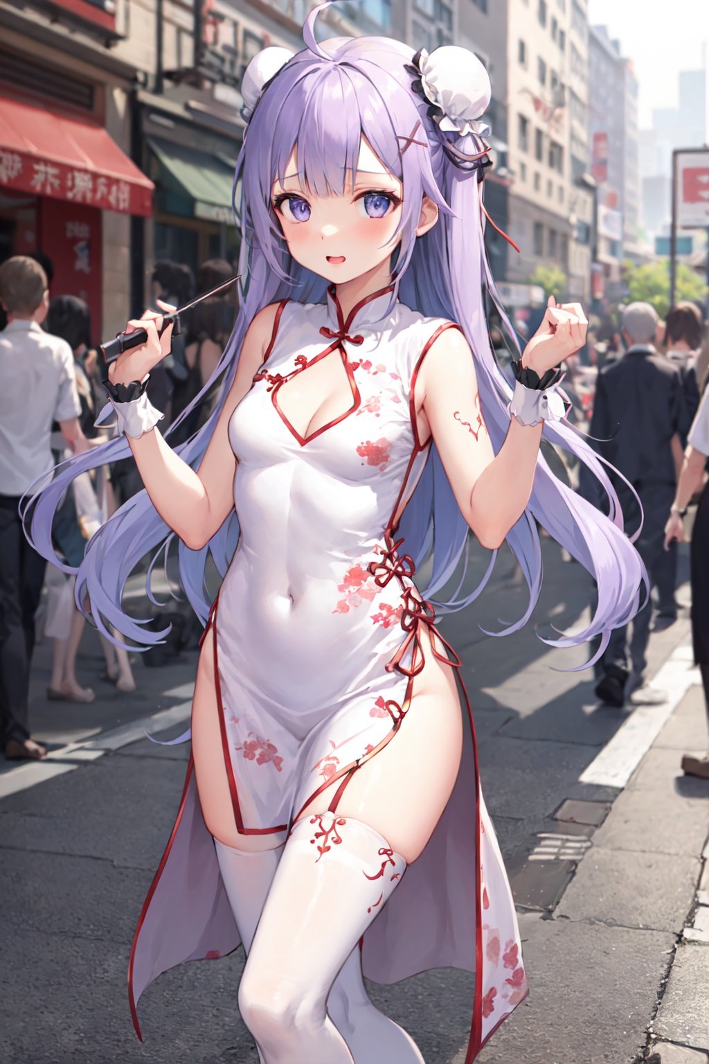 unicorn, 1girl, solo, (small breasts:1.1), standing, china dress, bun cover, white thighhighs, wrist cuffs, black ribbon, cleavage cutout, city street <lora:unicorn_loha_test:1>