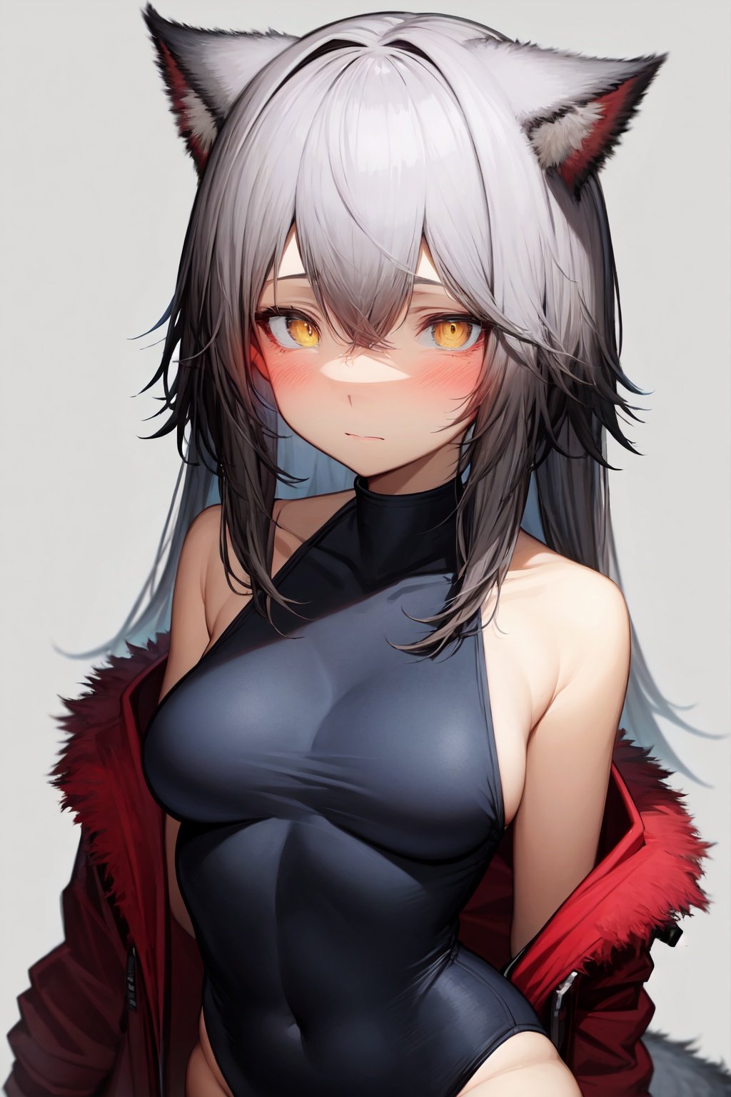 1girl, solo, projekt red \(arknights\), animal ears, breasts, wolf ears, jacket, upper body, yellow eyes, white background, official alternate costume, red jacket, simple background, tail, looking at viewer, medium breasts, grey hair, fur trim, blush, wolf tail, one-piece swimsuit, swimsuit, hair between eyes, bare shoulders, open jacket, wolf girl, open clothes, long hair, off shoulder, black one-piece swimsuit, bangs, fur-trimmed jacket, casual one-piece swimsuit, closed mouth <lora:tab_head_locon_test:1>,