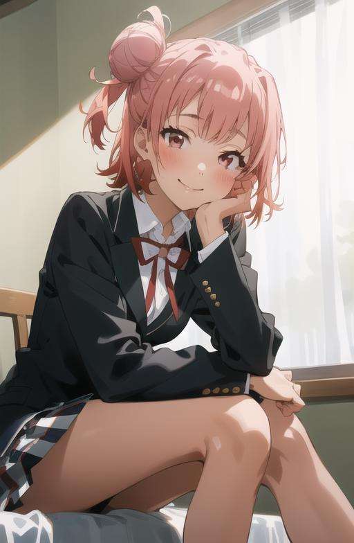 masterpiece, high quality, best quality, high resolution, 4k, high definition, beautiful lighting,highly detailed face, well drawn hands, well drawn legs,well drawn feet,well drawn eyes,1girl, short hair, pink hair, pink eyes, yui, hair bun,sobu high school uniform, black blazer, white shirt, red ribbon plaid skirt, smiling,<lora:yuigahama_yui-01:1>