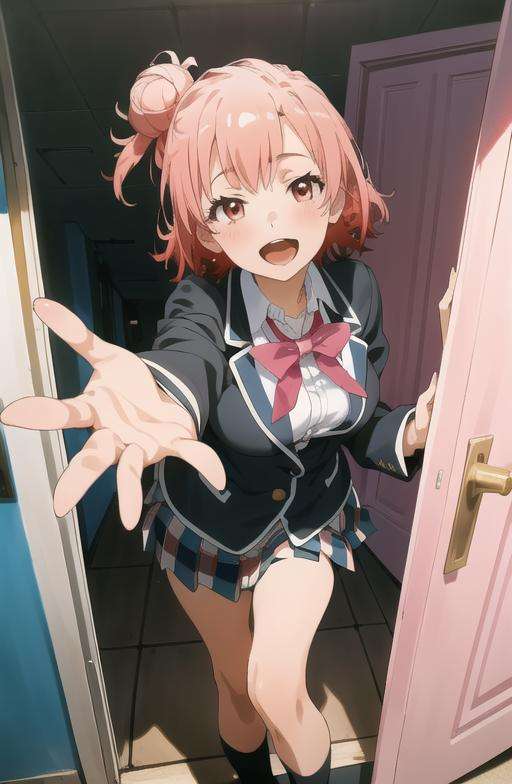 masterpiece, high quality, best quality, high resolution, 4k, high definition, beautiful lighting,highly detailed face, well drawn hands, well drawn legs,well drawn feet,well drawn eyes, 1girl, yui,  pink hair, short hair, side hair bun, pink eyes,sobu high school uniform, black blazer , white shirt, red ribbon, plaid skirt, medium boobs, medium ass, one hand straight and high up in the air waving , at the doorstep of a school, pink door with a circular window, girl in between the door, smiling, open mouth, showing upper teeth, from front top view, <lora:yuigahama_yui-01:1>