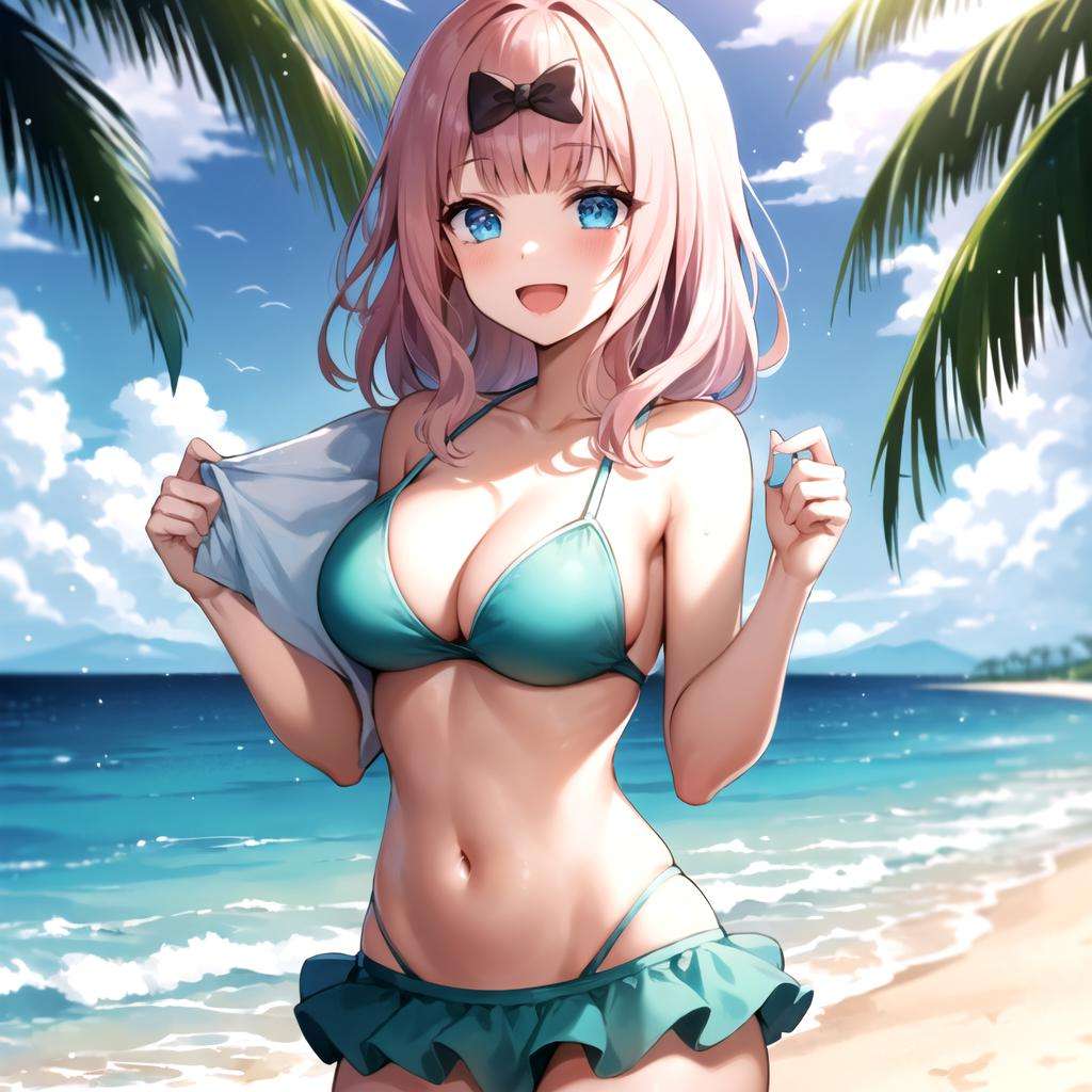 2d, masterpiece, best quality, anime, highly detailed, cowboy shot, 1girl, solo, fujiwara chika, pink hair, blue eyes, green bikini, frilled bikini, [bikini skirt], hair bow, black bow, large breasts, beach, island, palm tree, waves, towel, :d<lyco:loveiswar-10:1>