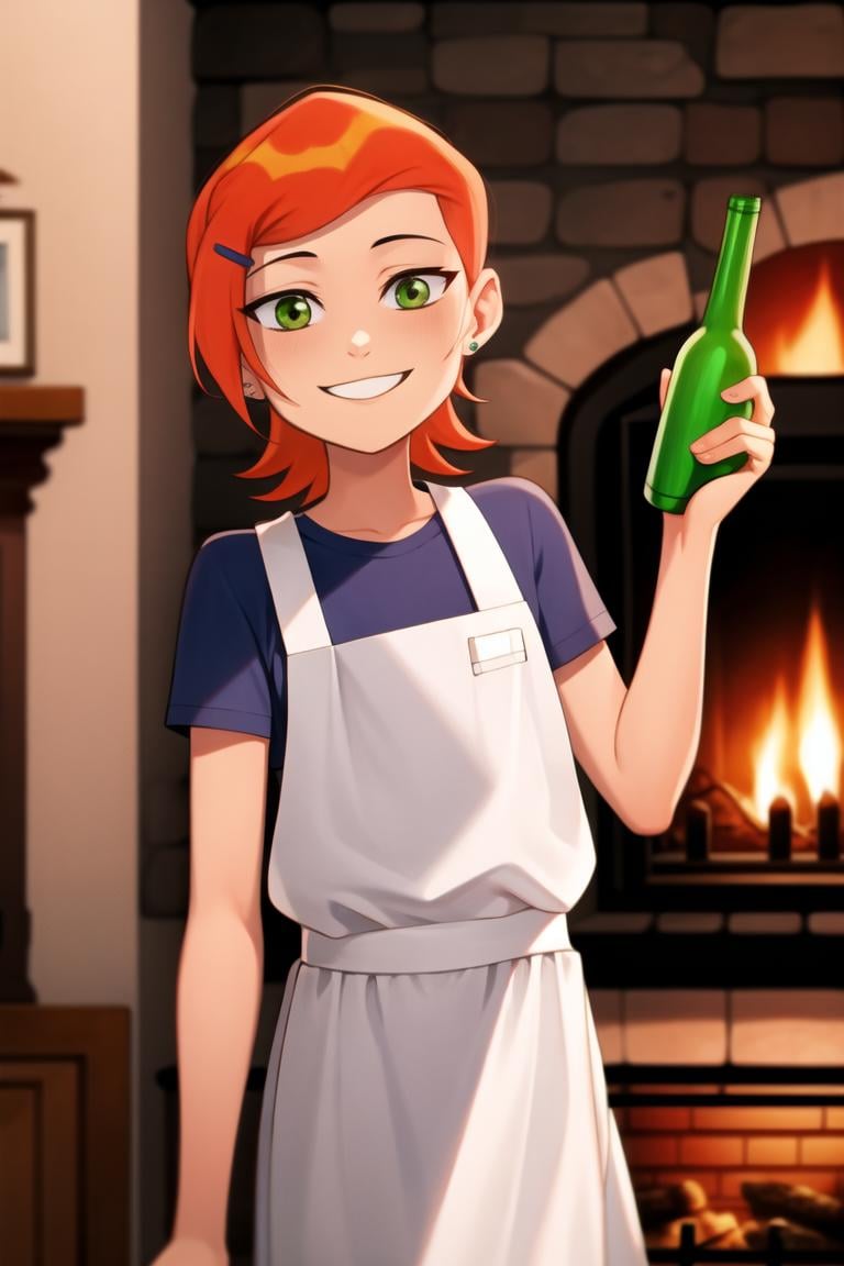 masterpiece, best quality, <lora:Gwen-10:1> ,Gwendolyn_Tennyson, 1girl, solo, serving food, waitress, smile , cozy, indoors, fireplace, wine bottle, food fantasy, 