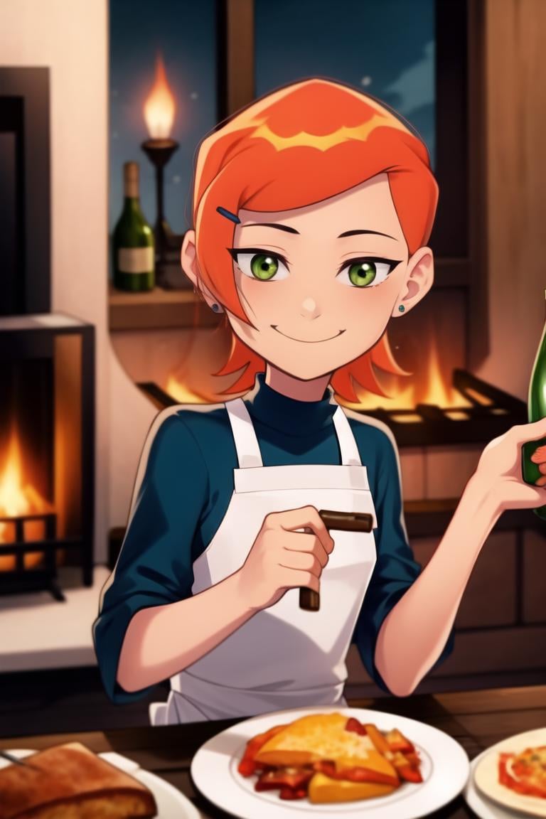 masterpiece, best quality, <lora:Gwen-10:1> ,Gwendolyn_Tennyson, 1girl, solo, serving food, waitress, smile , cozy, indoors, fireplace, wine bottle, food fantasy,  