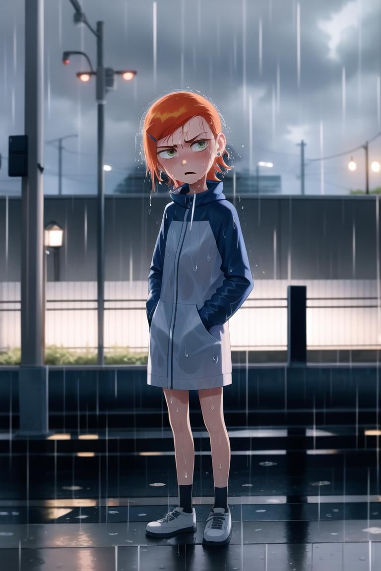 masterpiece, best quality, <lora:Gwen-10:1> ,Gwendolyn_Tennyson, 1girl, solo, (wet, rain, outdoors, cold, trembling,  :1.1) , annoyed,  head tilt, full body, 