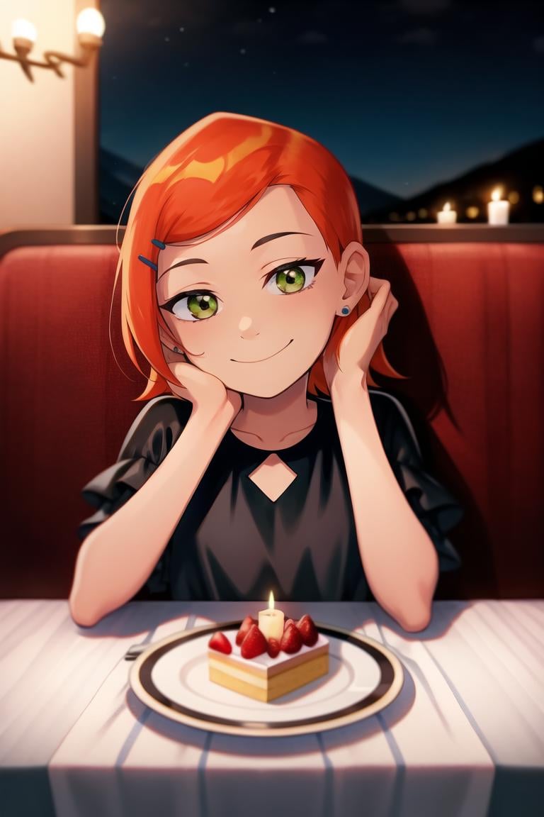 masterpiece, best quality, <lora:Gwen-10:1> ,Gwendolyn_Tennyson, 1girl, solo, black dress, cake slice, sitting, restaurant, fancy restaurant, candle, chandelier,(nighttime :1.2) ,( warm lighting :1) , hand on own face , smile, tired, head tilt, looking at viewer , head rest, 