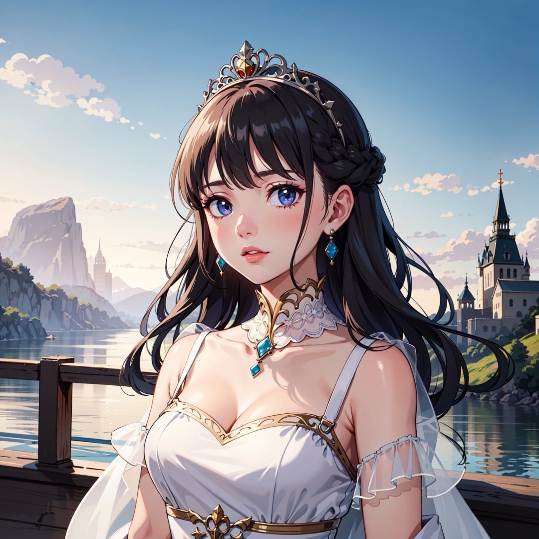 1girl, upper body, looking at viewer, braid, dangling earrings, tiara, royal dress, kingdom scenery