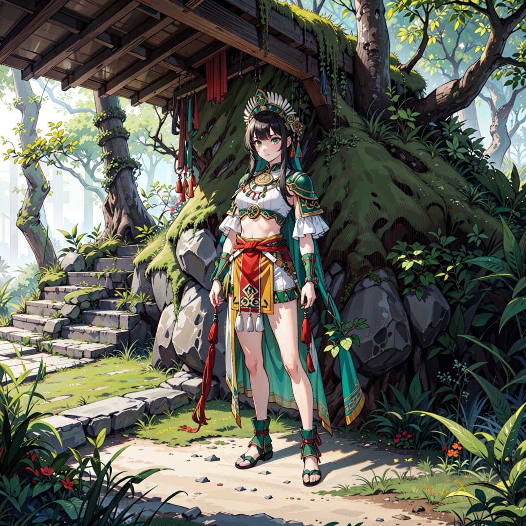 1girl, standing, full body, aztec, aztec temple, green mossy armor, ornate mossy armor, overgrown, jungle scenery