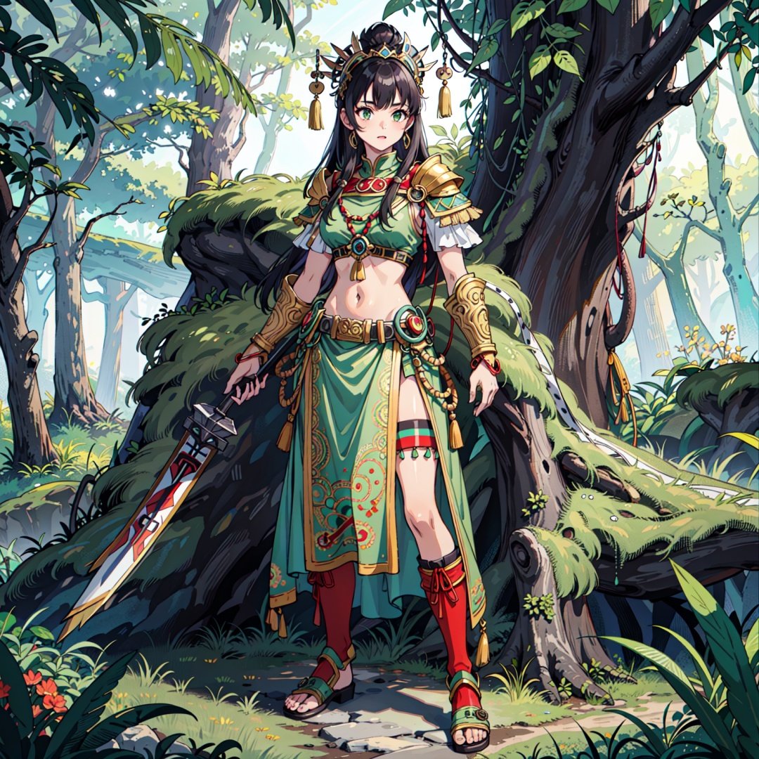 1girl, standing, full body, aztec, aztec temple, green mossy armor, ornate mossy armor, overgrown, jungle scenery