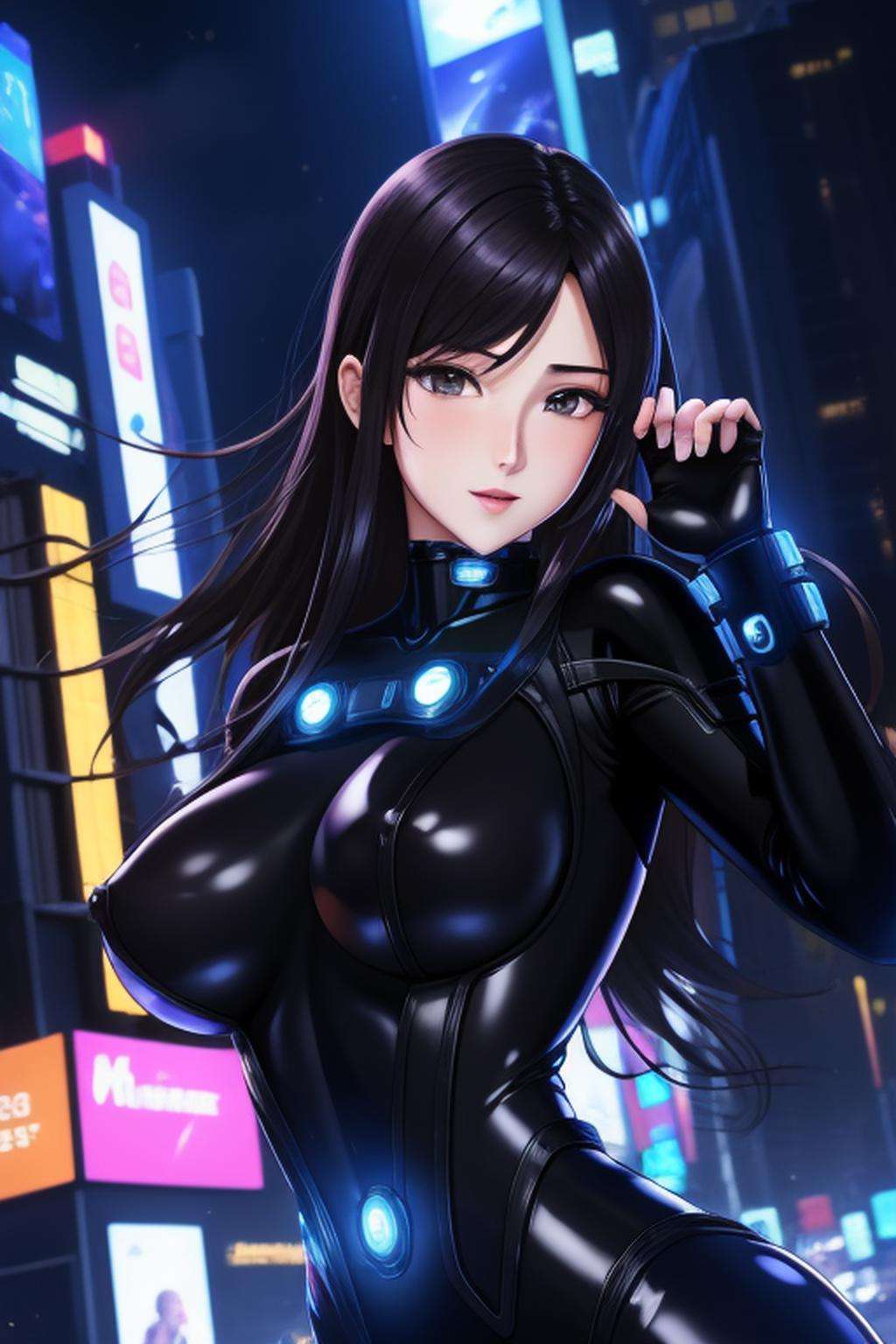 1girl, masterpice, high quality, best quality, good body, 5fingers, good hands and fingers, official art, (8k), (solo), dynamic angle, dynamic pose, , latex, science fiction, black bodysuite, gantz, reika <lora:Reika-06:0.5>, black hair, scenary: city, neon lights, LCD lights, night, people, (large breasts:1.1), nipples