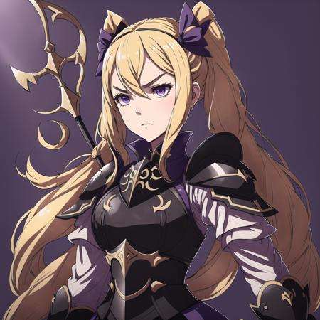 FE14, FE14-Style, Fire Emblem, Fire Emblem Fates, Intense, Angry, upset, mad, Elise (Fire Emblem), Elise (Fire Emblem: Fates), 1girl, blonde hair, solo, long hair, twintails, purple eyes, bow, staff, simple background, gloves, drill hair, ribbon, hair bow, armor, hair ribbon