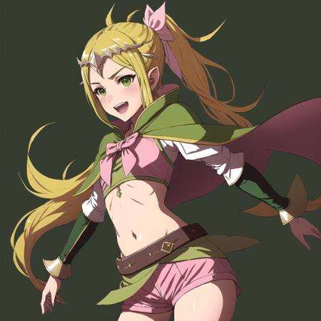 FE13, FE13-Style, Fire Emblem, Fire Emblem Awakening, smile, Nowi (Fire Emblem), Nowi (Fire Emblem: Awakening), 1girl, solo, pointy ears, long hair, open mouth, blonde hair, green hair tips, cape, green hair, navel, ahoge, gloves, smile, bow, simple background, ponytail, midriff, circlet, green background, jewelry, flat chest, pink bow, ^_^, :d, upper body, pink shorts