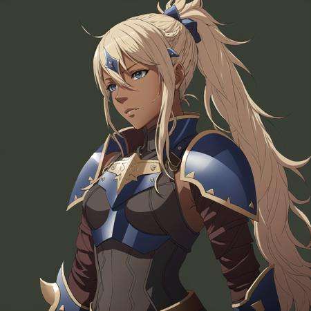 FE13, FE13-Style, Fire Emblem, Fire Emblem Awakening, serious, Flavia (Fire Emblem), Flavia (Fire Emblem: Awakening), 1girl, solo, weapon, shield, blonde hair, sword, armor, dark skin, ponytail, dark-skinned female, blue eyes, breastplate, simple background