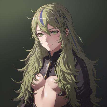 FE13, FE16, FE13-Style, Fire Emblem, Fire Emblem Awakening, sunrise, light top left, Byleth, 1 girl, Green hair, Green eyes, Teenager, Very Long Hair, Streaked Hair, Dark Green Hair, (Happy:1.2), (Older:1.3)