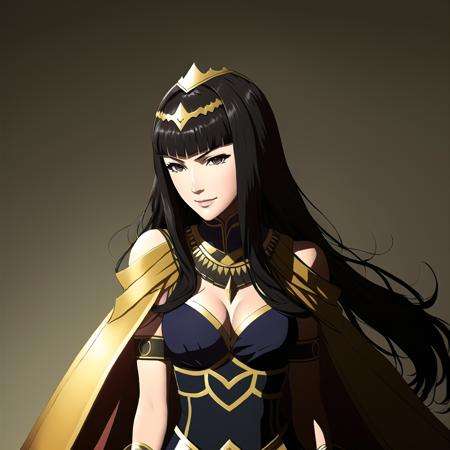 FE13, FE13-Style, Fire Emblem, Fire Emblem Awakening, Happy, Tharja (Fire Emblem), Tharja (Fire Emblem: Awakening), 1girl, tharja (fire emblem), solo, black hair, cape, long hair, bridal gauntlets, jewelry, book, bracelet, two side up, black eyes, smile, tiara, bodysuit, covered navel, bangs