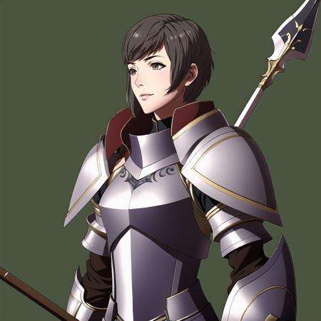 FE13, FE13-Style, Fire Emblem, Fire Emblem Awakening, smile, Kjelle (Fire Emblem), Kjelle (Fire Emblem: Awakening), 1girl, solo, armor, weapon, polearm, shield, short hair, breastplate, pauldrons, grey eyes, brown hair, shoulder armor, upper body, lance, spear, lips, black hair