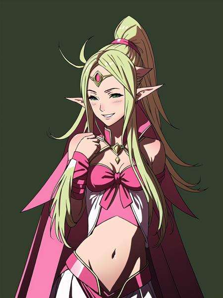 FE13, FE13-Style, Fire Emblem, Fire Emblem Awakening, smile, Nowi (Fire Emblem), Nowi (Fire Emblem: Awakening), 1girl, solo, pointy ears, long hair, open mouth, blonde hair, green hair tips, cape, green hair, navel, ahoge, gloves, smile, bow, simple background, ponytail, midriff, circlet, green background, jewelry, flat chest, pink bow, ^_^, :d, upper body, pink shorts