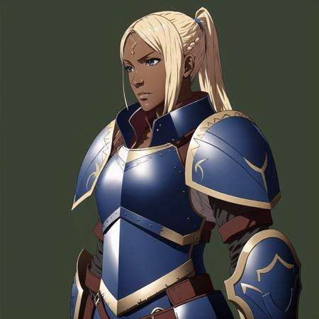 FE13, FE13-Style, Fire Emblem, Fire Emblem Awakening, serious, Flavia (Fire Emblem), Flavia (Fire Emblem: Awakening), 1girl, solo, weapon, shield, blonde hair, sword, armor, dark skin, ponytail, dark-skinned female, blue eyes, breastplate, simple background