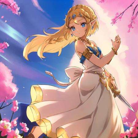 ZeldaTOTK, 1girl, princess zelda, solo, blonde hair, weapon, jewelry, sword, pointy ears, earrings, short hair, strapless, dress, bare shoulders, strapless dress, necklace, bracelet, braid, triforce, holding weapon, sky, blue eyes, holding, holding sword, from side, day, crown braid